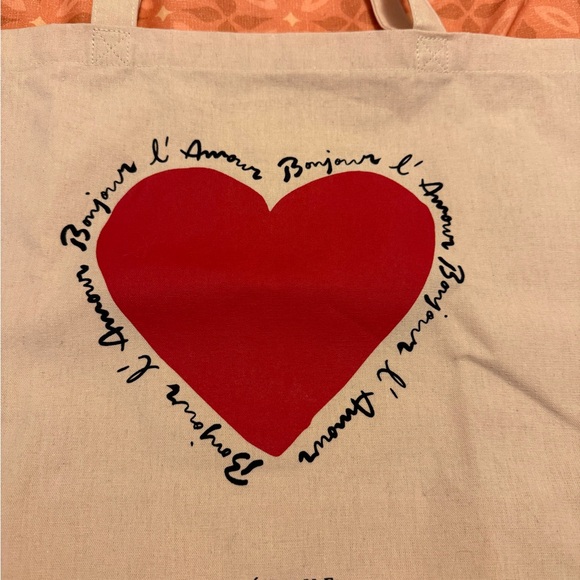 NWOT - Sezane Bonjour L’Amour Heart Canvas Cream Tote Bag - Picture 4 of 4